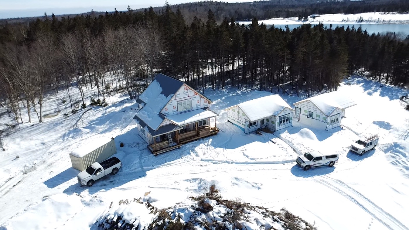 Aerial view of the Heckmans Island project during exterior construction