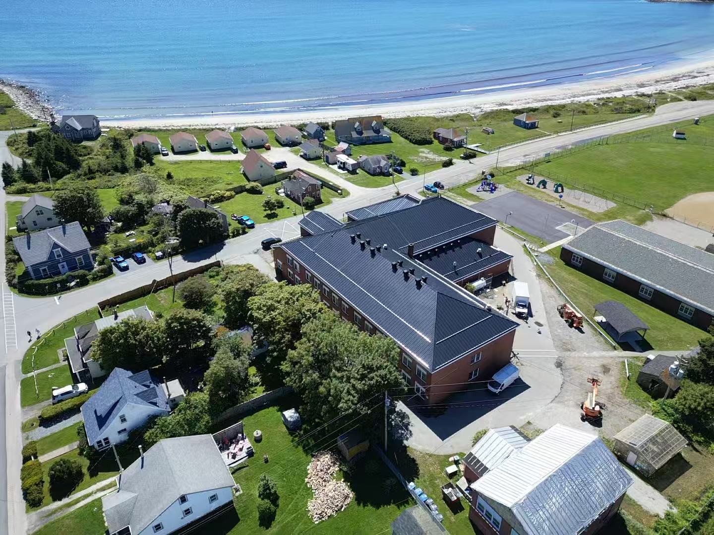 Coastal aerial view of the completed Lockeport commercial metal roof