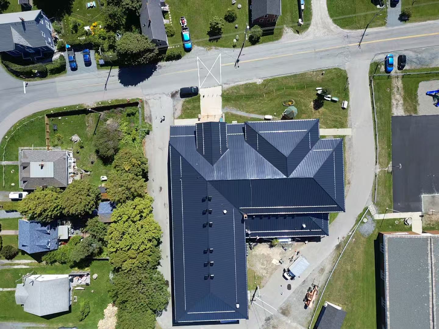 Top-down aerial view of the completed Lockeport commercial metal roof